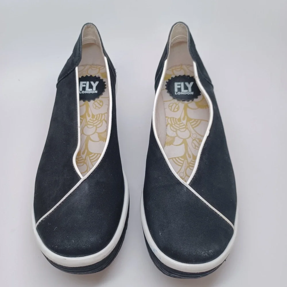 Fly London Black Nubuck Leather Asymmetrical Wedge Platform Pumps 38 or 7